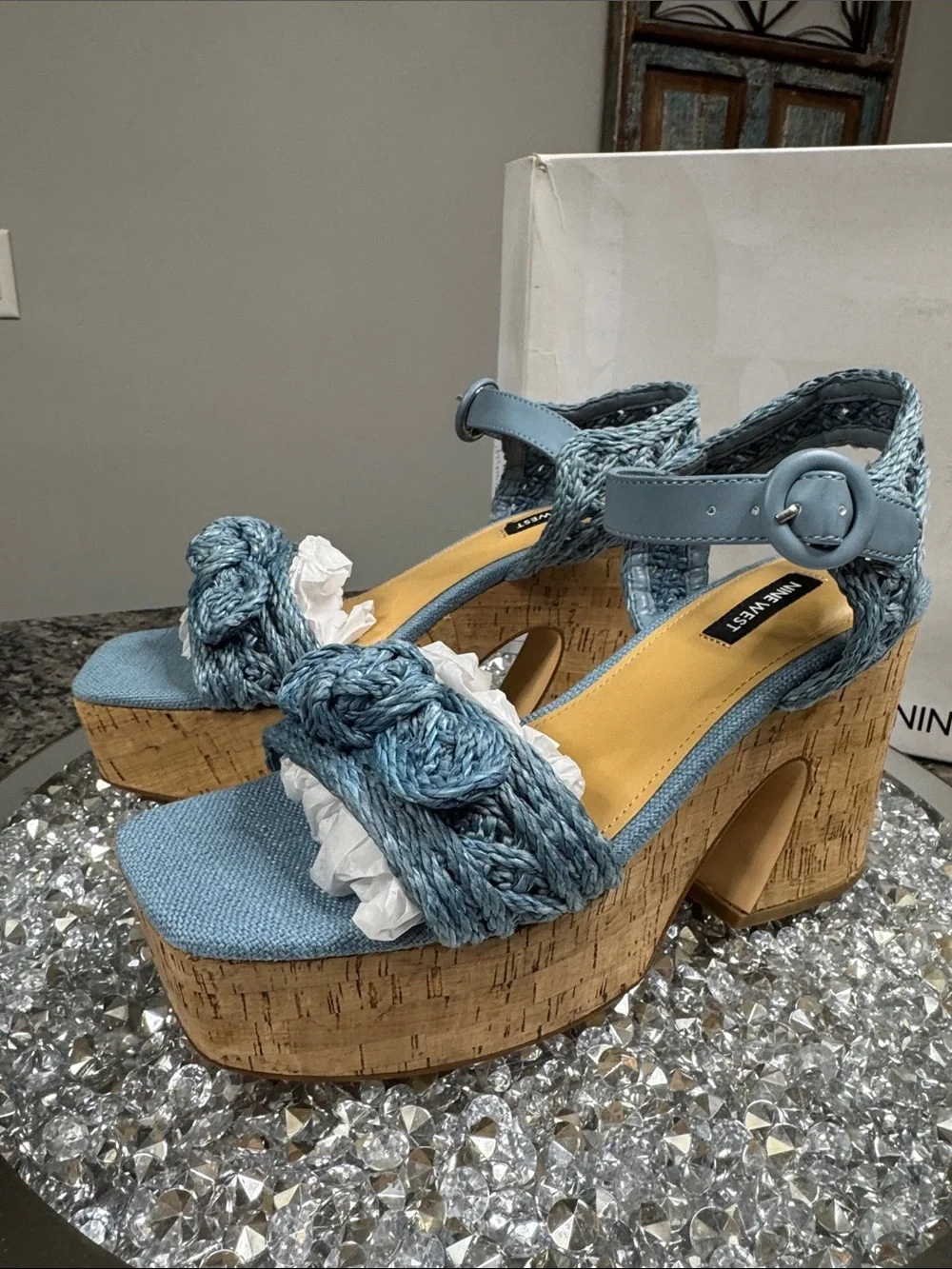 Nine West Comiele Light Blue Braided Cork Platform Sandals NEW 8.5